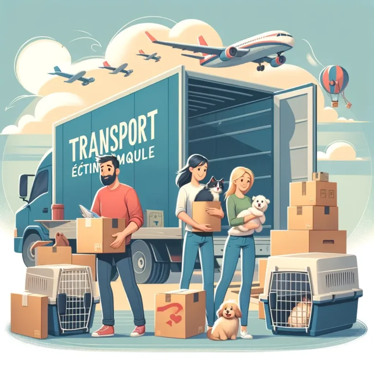 An illustrative image showing the process of moving with pets. The scene includes a happy family preparing to move, packing boxes