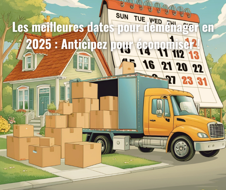 Camion de déménagement chargé de cartons devant une maison, avec un calendrier 2025 géant affichant des dates clés entourées en rouge. Illustration des meilleures périodes pour déménager à moindre coût.